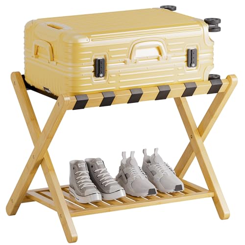 SMIBUY Luggage Rack, Foldable Bamboo Suitcase Stand with Storage Shelf for Guest Room, Bedroom, Hotel, Heavy-Duty, 1 Pack (Natural) - color: Natural