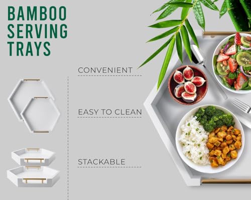 Comfify Honeycomb Wooden Serving Trays with Golden Handles – Set of 2 Hexagon Nesting Trays – Large and Small Wood for Food, Ottoman Decor, Coffee Table, Kitchen, Breakfast - White