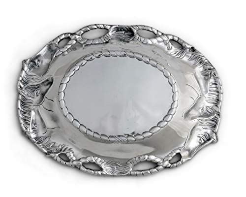 Arthur Court Aluminum Equestrian Horse Oval Tray 14 x 10 inch - Handcrafted with Rope Detail, Perfect for Horse Race Fans or Ranch Events, Freezer & Oven Safe, Gift Box Included