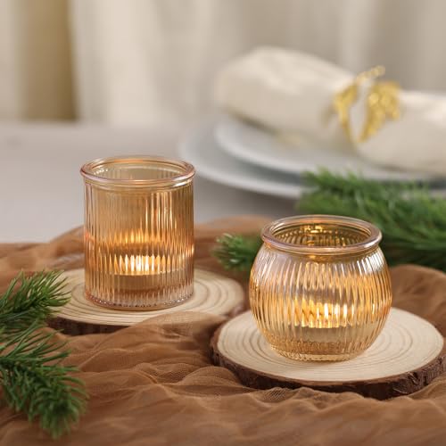 NITIME 48pcs Assorted Gold Votive Candle Holders, Ribbed Tea Lights Candle Holder for Wedding Decor, Glass Candle Holder for Diwali, Table Centerpiece, Party and Holiday Decorations - color: Gold