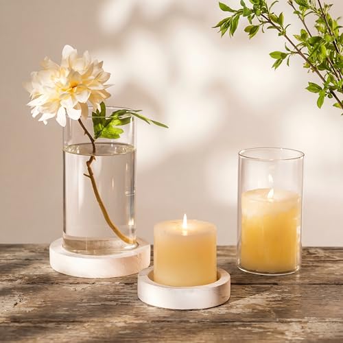 NUPTIO Hurricane Candle Holder for Wedding: Glass Cylinder Vase with Distressed White Wood Plate - Set of 2 Tall Pillar Candles Holder for Christmas Thanksgiving Holiday Decoration - color: Rustic White