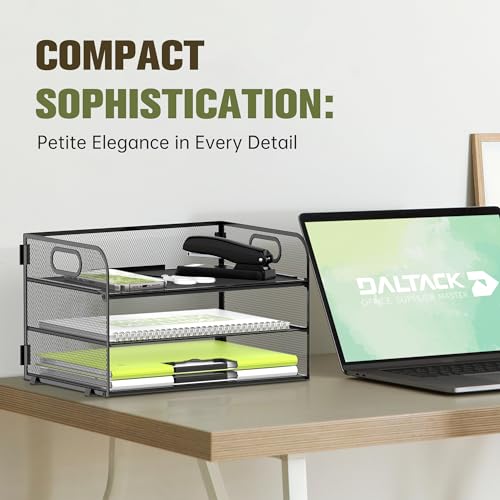 DALTACK 3 Tier Paper Organizer with Handle, Mesh Metal Desk Organizer with Sliding Paper Trays for Letter/A4 Paper, Mail, Bills & Folders, Black - color: Black
