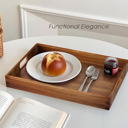 Acacia Serving Trays - 2 Pack, Acacia Wood Serving Platterss, Wood Serving Tray, Decorative Trays for Breakfast, Brunch, Dinner, Coffee Table, Party, Kitchen-M - size: 14"x9"x1.57" and 15"x11"x1.57"