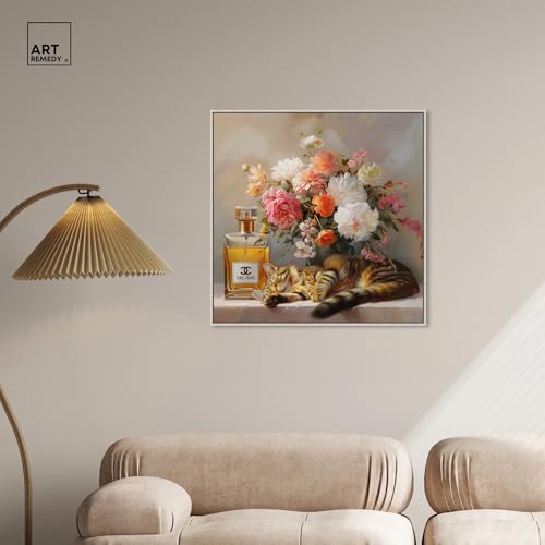 Art Remedy Cat Floral Vase Perfume Canvas Fashion Pet Art, Silver Frame, 30" x 30" - color: Silver Frame, size: 31"L x 31"W