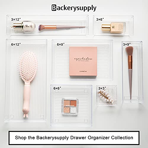 Backerysupply Clear Plastic Drawer Organizer Tray for Vanity Cabinet (6"×6"×2"，Set of 8),Storage Tray for Makeup, Kitchen Utensils, Jewelries, and Gadgets… - size: 6 in x 6 in x 2 in