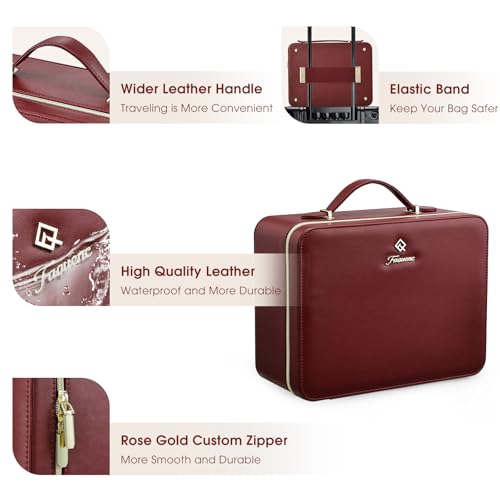 Faquenc Leather Makeup Case with LED Lighted Mirror 11.4 Inch Travel Makeup Bag Adjustable Brightness in 3 Colors Cosmetic Organizer Artist Storage Bag with Dividers Brush Holder Bag Vanity Red - color: Red 11.4 Inch, size: 2-Medium