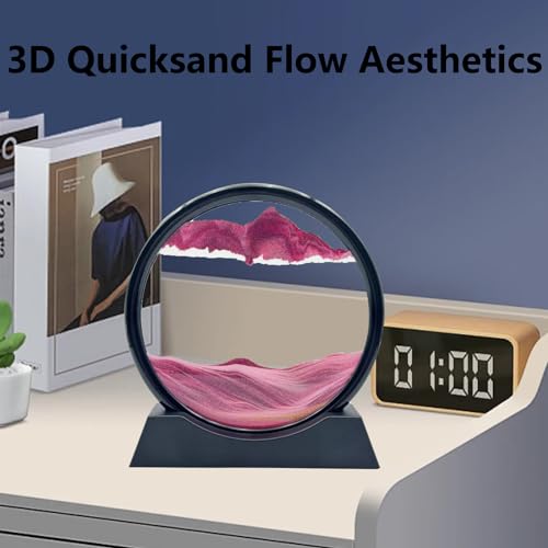 AzureLeap Moving Sand Art Liquid Motion, 3D Deep Sea Sandscape Color Quicksand Decor, Round Glass Moving Sand Art Picture Relaxing Desktop Home Office Work Decor (7 inch-Pink) - color: Pink, size: 7 inch
