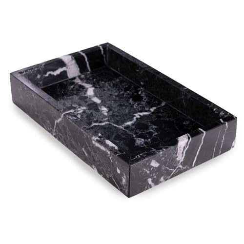 Bey-Berk Ezra Black Zebra Marble Guest Towel Tray – Rectangular Bathroom Vanity Organizer for Countertop Storage - color: Black