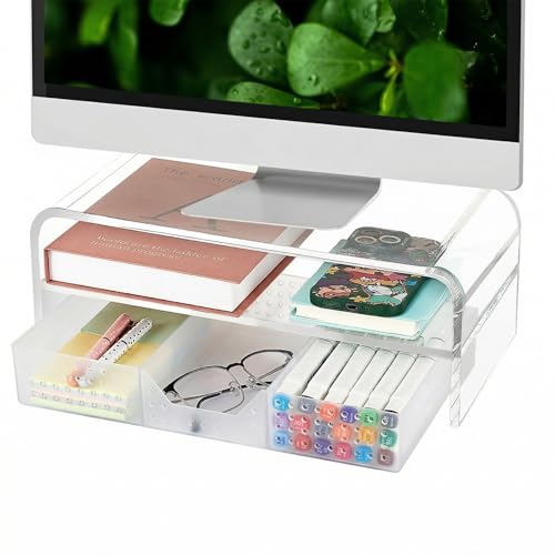 OPNICE Acrylic Clear Desk Organizers and Accessories, 2-Tier Computer Monitor Stand Riser with Drawer, Laptop Stand, Office Desk Accessories for Office Supplies, Transparent - color: Transparent 1-Pack