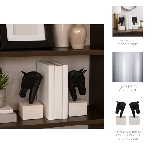 Bookends for Bookshelf Decor – Bold Metal Horse Head Bookends on Marble Base Perfect for Book Accessories – Decorative Bookends for Office, Desk Decor, or Home Library Set of 2 – 7" Black & White