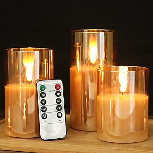GenSwin Flameless Led Candles Flickering Battery Operated with Remote, Real Wax 3D Wick Moving Pillar Candles with Timer Remote Glass Effect for Festival Wedding Christmas Home Decor(Gold) - color: 3-Gold
