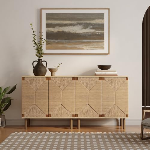 LuxenHome 31" Sideboard Buffet Cabinet with Storage, Seagrass Boho Accent Cabinet, Mid Century Modern Small Sideboard Storage Cabinets for Kitchen, Living Room, Entryway