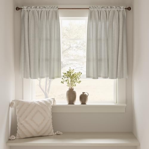 jinchan Gray Striped Linen Kitchen Curtains 24 Inch Cafe Tier Curtains Balanced Stripe Farmhouse Small Drapes for Bathroom Laundry Over Sink Half Window Light Filtering 2 Panels Grey on Linen - color: Striped Grey on Linen, size: 26"W x 24"L (Pack of 2)