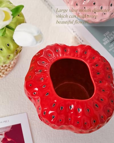 DN DECONATION Red Strawberry Vase, Strawberry Ceramic Flower Vases for Colorful Girly Home Decor, Decorative Cute Vase for Strawberry Party Decorations - color: Red Strawberry