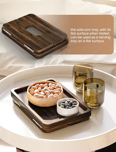 HOLANA Acacia Couch Armrest Table with 360° Rotating Phone Holder, Wooden Couch Tray – Sofa Side Table, Armchair Caddy for Home Sofa Living Room (Walnut, 13.75" D x 9.5" W x 2" H) - color: Walnut, size: 13.8" x 9.5" x 2"