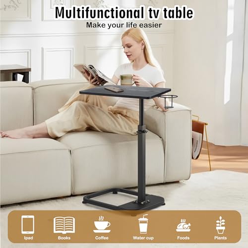 facka Multi-Functional C-Shaped End Table for Couch & Bed, Adjustable Height TV Tray, Stable Laptop Desk, Space-Saving Snack Side Table with Rounded Metal Corners - color: Black