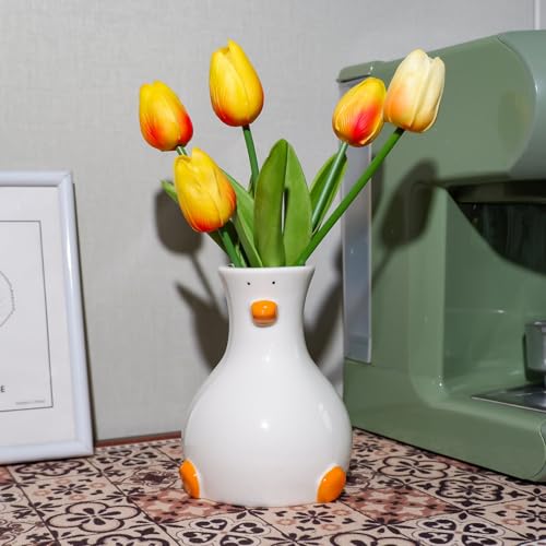 Tnstbiee Handcrafted White Ceramic Duck Vase - Cute Animal-Themed Round Table Vase | Trendy Funky Art Decor for Fresh Flowers, Utensils & Accessories | Handcrafted Gift for Home Bedroom Office Decor - color: Duck Vase