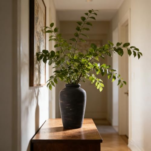 Large Ceramic Rustic Vase, 11" Black Terracotta Farmhouse Flower Vase, Modern Boho Pottery Decor for Living Room, Bathroom, Office, Shelf, Mantel