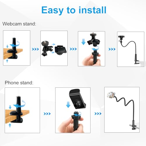 Webcam Stand for Desk, Flexible Gooseneck Webcam Mount Holder Arm with Phone Holder, Web Cam Stand Computer Camera Desk Mount for Logitech C922 C930e C920S C920 C615 C960 C920x BRIO 4K NexiGo N60
