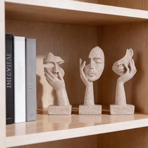 3 Pcs Thinker Small Statue Set - Art Resin Abstract Home Accent Figurines for Decor Woman Apartment Bookshelf Floating Shelf Coffee Table Office Desk Counter Decor (3 Pcs Sandstone, 6") - color: 3 Pcs Sandstone, size: 6"