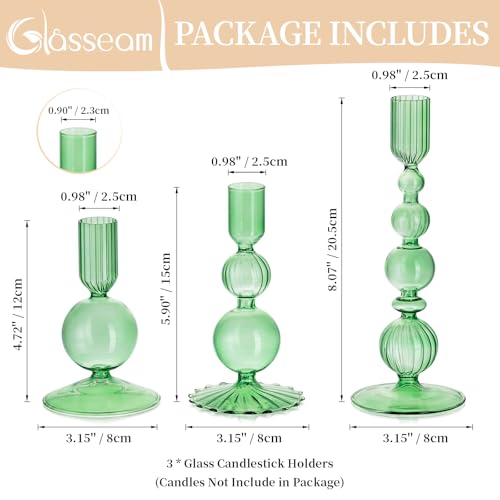 Glasseam Green Glass Candle Holder: Set of 3 Candle Stick Holders for Taper Candlesticks Modern Candle Holders for Candlesticks Unique Tapered Candlestick Holders for Table Centerpiece Home Decor Gift - color: Green