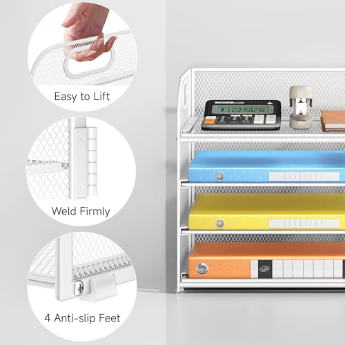 Lavatino Paper Organizer for Desk, 4-Tier Desk Organizer Tray, Mesh Desktop File Organizers with Handle, Office Classroom Organization and Storage-White - color: 4 Tier - White