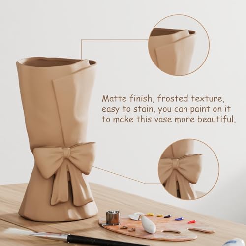 Relexome Beige Ceramic Bow Vase 9.64 in Unique Cute Modern Decorative Bouquet Flower Vases for Home Living Room Table Decor Women Girl Gifts - color: Beige