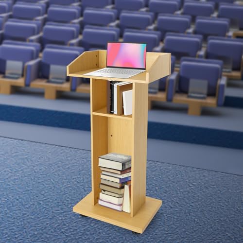 Oak Mobile 43.3" Height Rolling Podium, 3-Tier Movable Desk Lectern Laptop Workstation W/ 4 Wheels Conference Presentation Stand Portable Presentation Standing for Classroom, Church - color: Oak