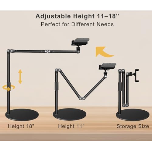 Overhead Phone Mount for Desk, 17" Long Arm Adjustable iPhone Holder, Heavy Duty Rotatable Stand for Video Recording, Live Streaming, Crafting, Cooking