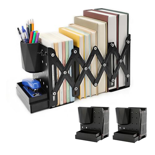 2 PCS Adjustable Bookends,19" Metal Book Ends for Heavy Books with Removable Pen Holder, Tray, and 4 Hook-up, Book Shelf Holder for Office, School, Bookstore, cookbooks
