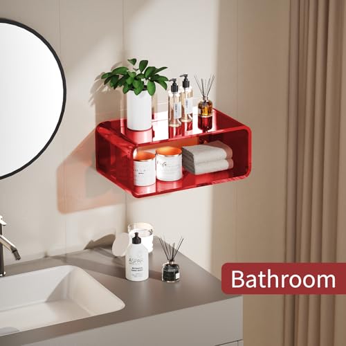 Acrylic Floating Nightstand, Bedside Table, Nightstand Shelf Wall Mounted Bedside Shelf (Red, Small) - color: Red