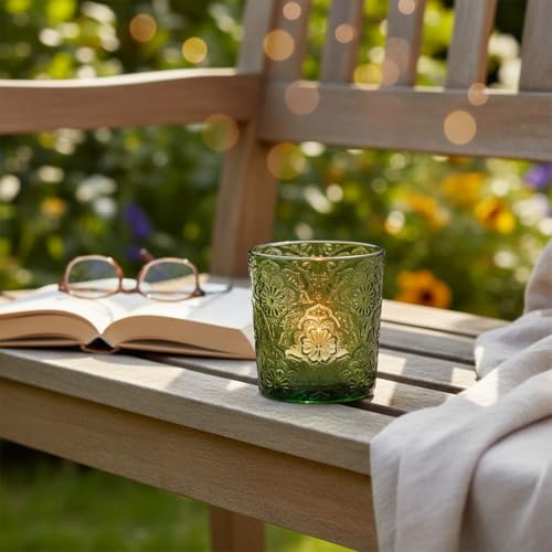 12 Pack Mandala Embossed Glass Candle Holders – Votive Tealight Holders with Patent Design, Decorative Embossed Glass Cups for Wedding Centerpieces, Parties, and Home Décor (Moss Green) - color: Moss Green