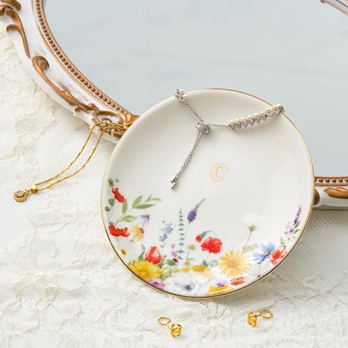 Crisky Flower Jewelry Tray Ring Dish & Gift Box, Ceramic Trinket Dish for Rings Earrings Necklaces Keys, Bridal Shower Engagement Birthday Gift for Women, Friends 4.57" (Gold Foil C - style: Initial C