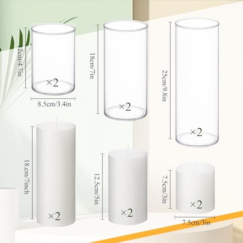 Shihanee Set of 6 Pillar Candles with Glass Cylinder Vases Clear Cylinder Hurricane Candleholders for Slim Tall Pillar Candles Wedding Table Centerpieces(3'' X 5.9", 7.9", 9.8",White) - color: White, size: 3'' X 5.9", 7.9", 9.8"