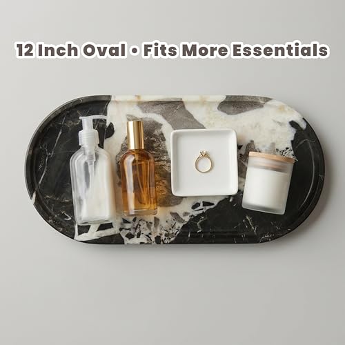 11.8 x 5.9 Inch Oval Black and White Natural Marble Tray for Bathroom Vanity, Solid Stone Perfume Organizer and Decorative Kitchen Countertop Trays