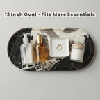 11.8 x 5.9 Inch Oval Black and White Natural Marble Tray for Bathroom Vanity, Solid Stone Perfume Organizer and Decorative Kitchen Countertop Trays