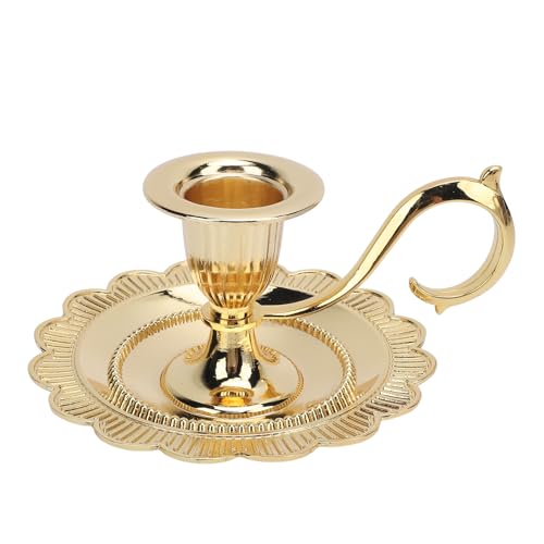 Retro Handheld Candlestick Holder, Vintage Zinc Alloy Candle Stand with Flat Base and Tapered Edges, for Romantic Dinners Home Decoration (Gold) - color: Gold