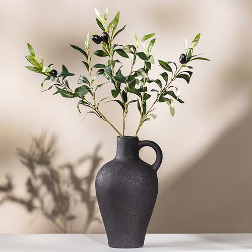 Luxurious Gift Set Textured Ceramic Vase 10 Inch with Olive Branches 22 Inch Tall Black Medium Vase Artificial Topiaries Fake Plants, Minimalist Shelf Decor, Neutral Home Office High End Gifting Decor - color: Black