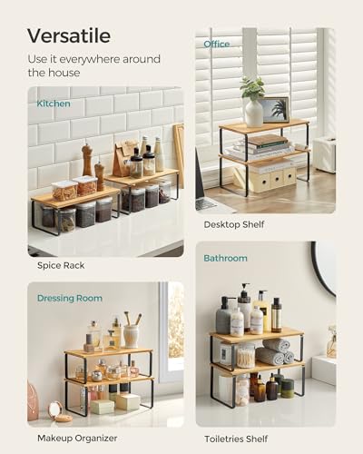 SONGMICS Cabinet Organizer Shelf, Set of 2 Kitchen Counter Shelves, Kitchen Storage, Spice Rack, Stackable, Expandable, Metal and Engineered Wood, Ink Black and Natural Beige UKCS200B01 - color: Ink Black + Natural Beige, size: 15.6"W