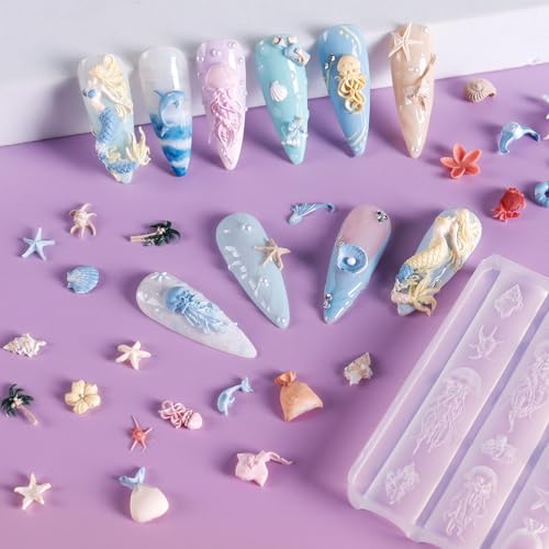 Laza 4pcs Ocean Silicone Nail Art Molds, 3D Mermaid, Starfish, Seashell, Jellyfish Nail Charms Molds Clear Modeling Templates Silicone Beach Nails Pattern Nail Tools with Sculpture Pen for Nail Design - color: Ocean world