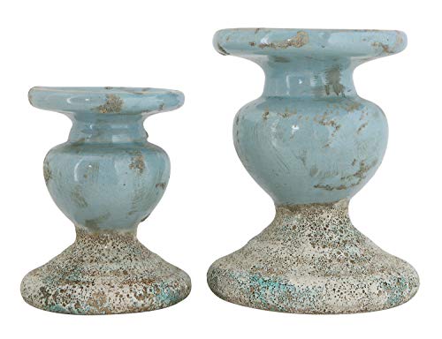 Creative Co-Op Small Distressed Blue Terracotta Pillar Candle Holder - color: Blue, size: 4.5" W x 5.25" H
