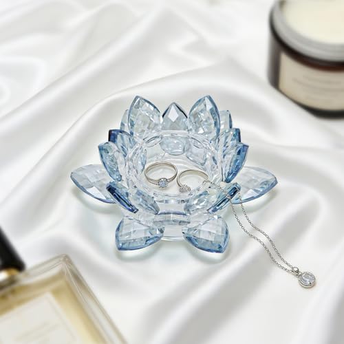 Crystal Flower Jewelry Tray, Luxury Transparent Decorative Trinket Dish for Rings, Earrings, Necklaces, Keys for Vanity Dresser Nightstand, Elegant Gift for Women Mother's Day (1, 4.4"(w) - Blue) - size: 4.4"(w) - Blue