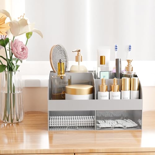 Makeup Organizer with Drawers, Cosmetic Storage for Dresser Vanity and Bathroom Countertop, Beauty Holder for Lipstick Brush, Skincare Organizer for Vanity, Cosmetic Display Case (Grey) - color: Grey