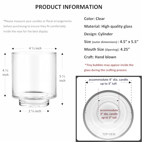 CYS EXCEL 5.5" x 4.5" Clear Glass Hurricane Candle Holder Vase – Cylinder Vase for Pillar & Floating Candles, Wedding Centerpieces & Home Décor - size: H-5.5" D-4.5"