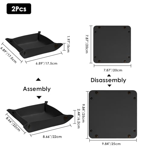 2 Pack (Size:9.84"&7.87") PU Leather Jewelry Valet Tray,Portable Entryway Table Nightstand Desk Tray Catchall Travel Plate Organizer for Phone, Keys, Wallet, Watch,Coin (Black) - color: Black