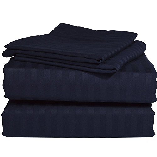 Italian 1500 Thread Count Heavy Soft Egyptian Cotton Sheet Set DEEP Pocket, Queen, Navy Blue Stripe, Premium Italian Finish (Features : Fully Elastic Fitted Sheet Fits 7-9" Pocket) - color: Navy Blue ( Stripe ), size: Queen Size (Fits 7-9 in Pockets)