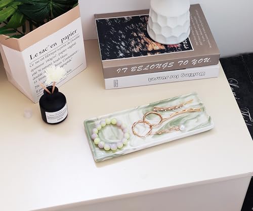 9.2" Porcelain Small Bathroom Tray, Ceramic Countertop and Vanity Tray for Cosmetics, Perfume, Jewelry, Candle - Kitchen Soap Tray for Kitchen Counter (Green) - color: Green, size: 9.2" x 3.6" x 0.6"