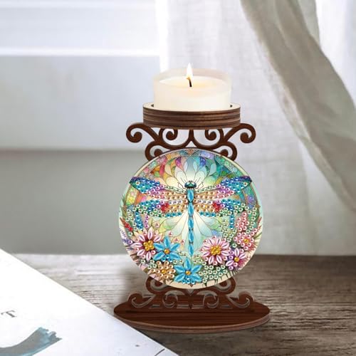 Diamond Art Painting Candlestick Holder kits, Dragonfly DIY shaped crystal Diamond art painting, woodiness Candle holder for AromaRelax & Home Decor, Christmas Halloween Ornaments (Double-Sided) - color: Dragonfly