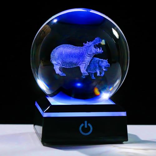 Qianwei Hippopotamus Gifts for Women 3D Crystal Ball 3.14'' - Laser Hippopotamus Decor Glass Animals Hippo Gifts Figurines Statue Stuff for Room Decorations Hippo Night Light - style: Hippo