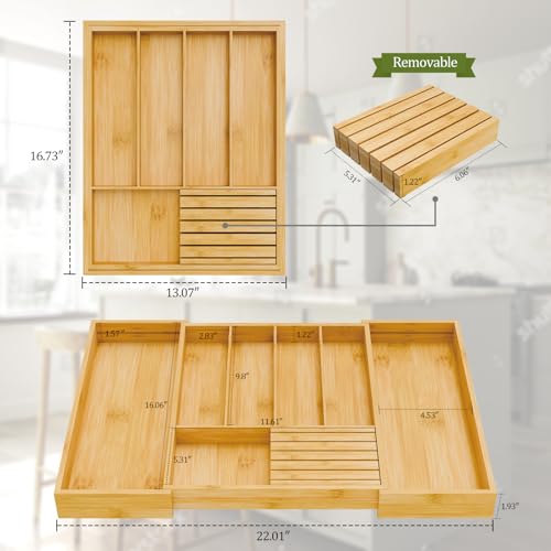Bamboo Kitchen Silverware Drawer Organizer - Expandable Wood Utensil Holder with Dividers, Luxury Cutlery Storage Tray for Kitchen Utensil and Flatware (5-7 Slots with Removable Knife Block, Natural) - color: Natural